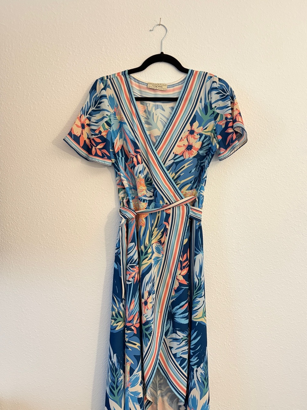 Flying Tomato Teal Floral Wrap Dress with Coral Accents